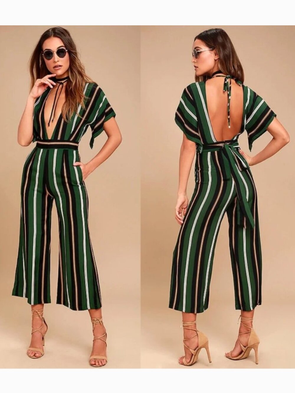 Faithfull the Brand Cedric Green Striped Midi Jumpsuit Romper 4